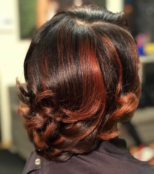 Bright Red Highlights on Layered Bob Weave