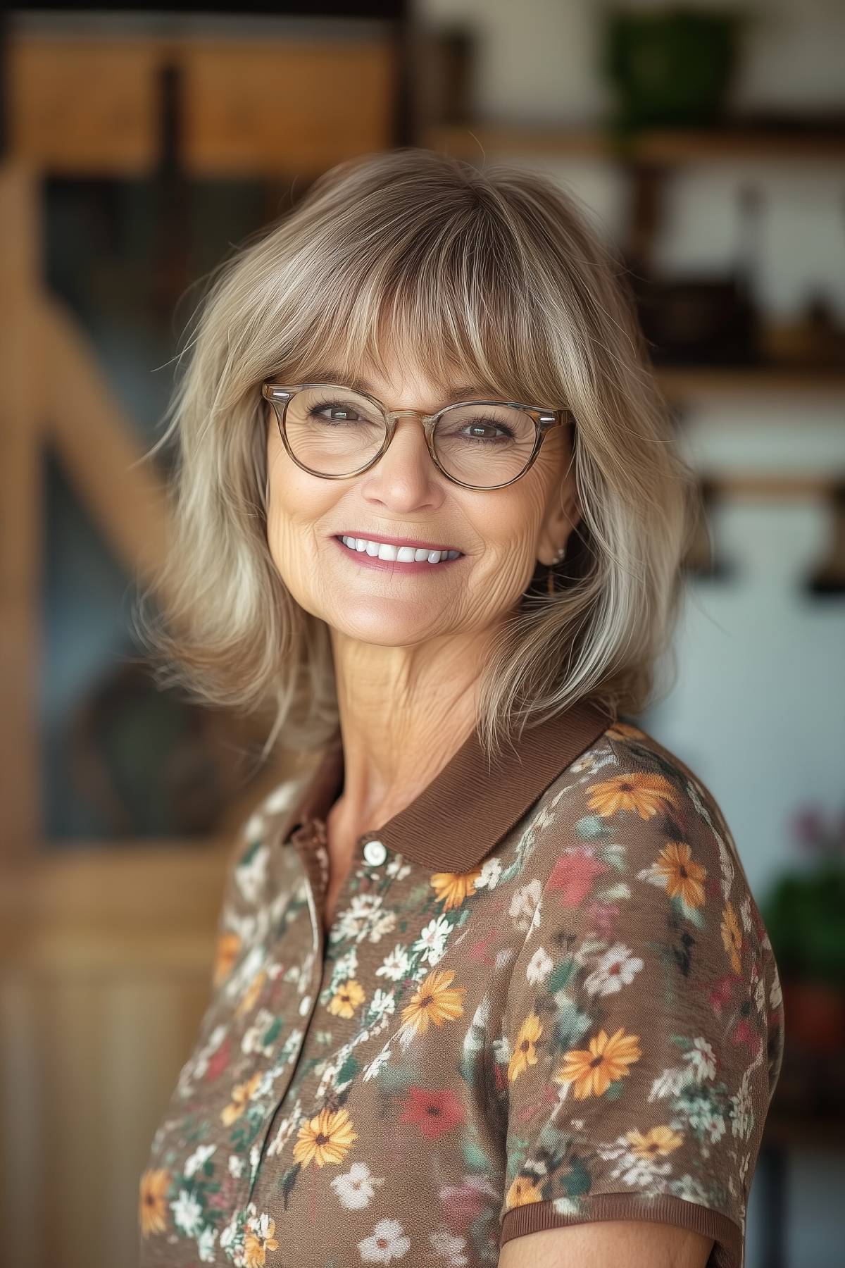 Older woman with a layered bob haircut and bangs, wearing glasses and featuring ashy blonde highlights