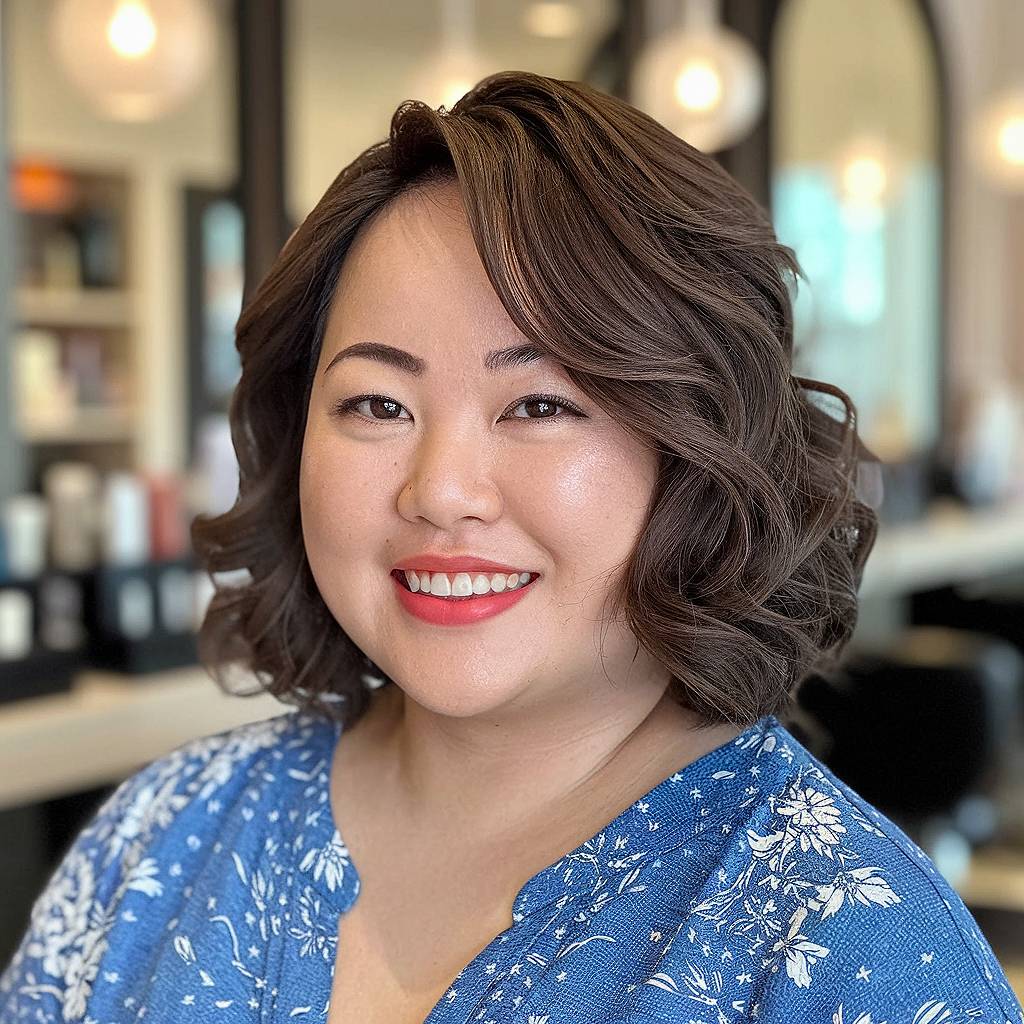 Voluminous wavy layered bob with soft curls and side part