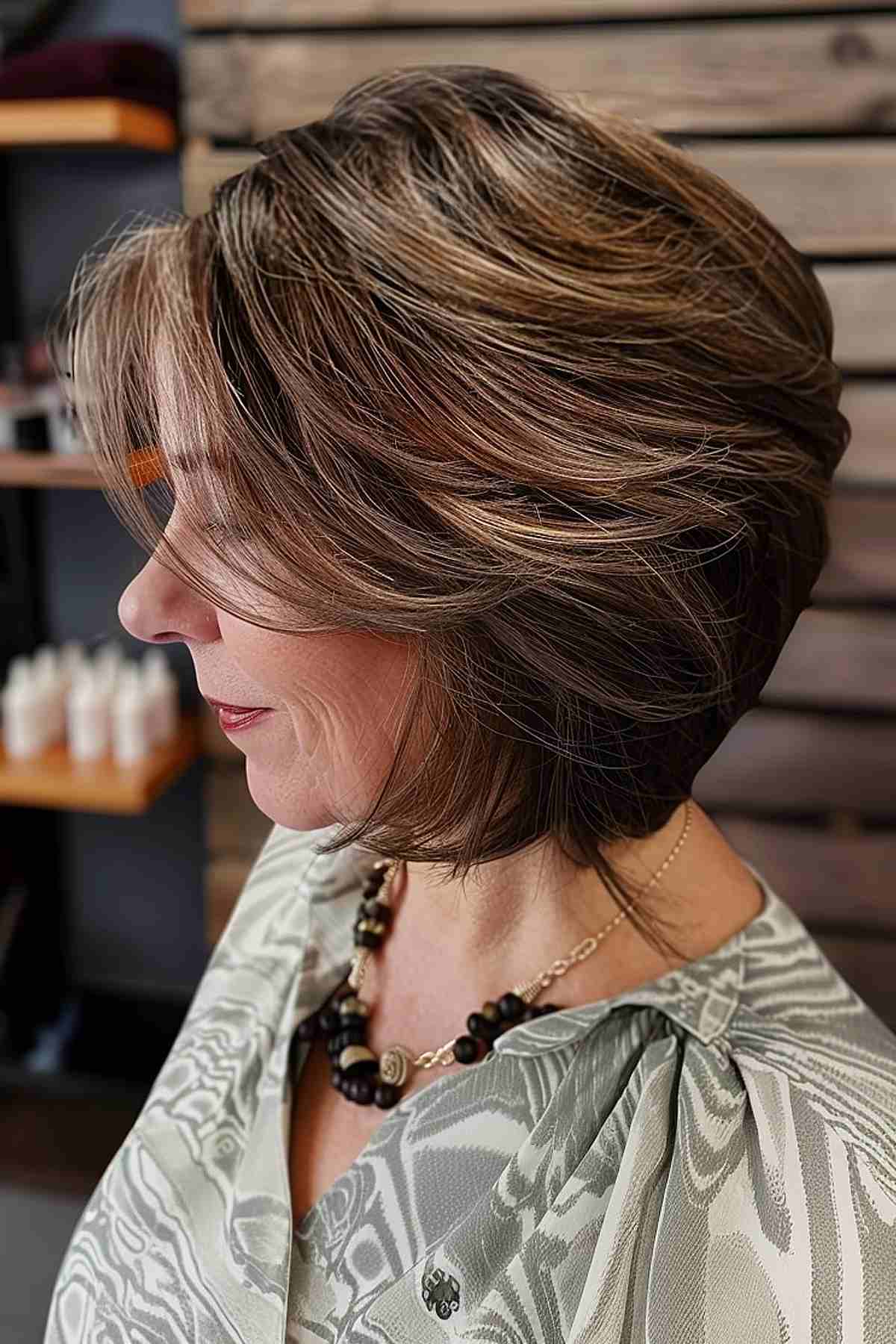 Layered bob haircut for women over 50 with side-swept bangs