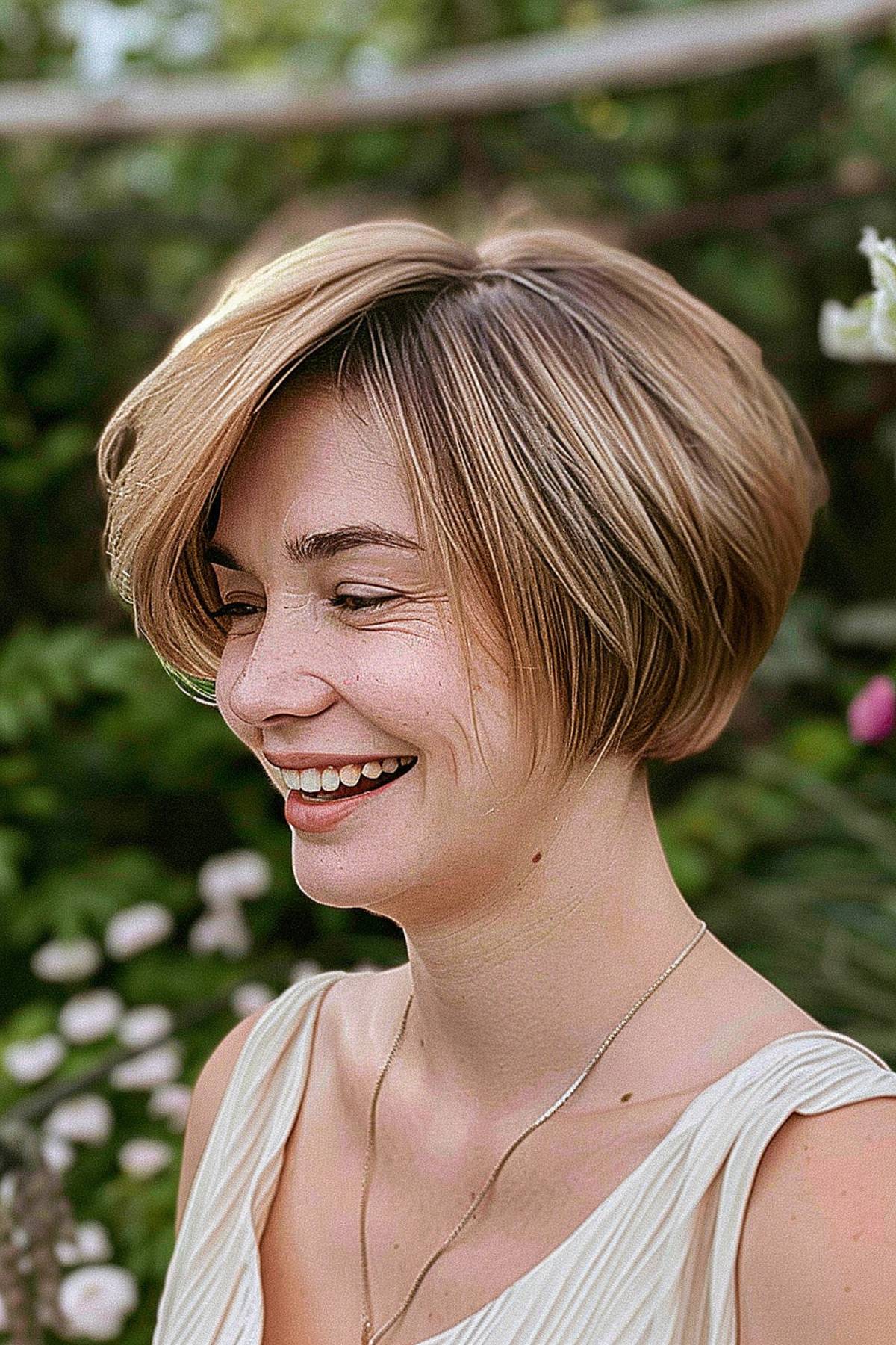 The woman has incorporated elements of a pixie into her layered bob haircut, giving her a tidy yet playful look.