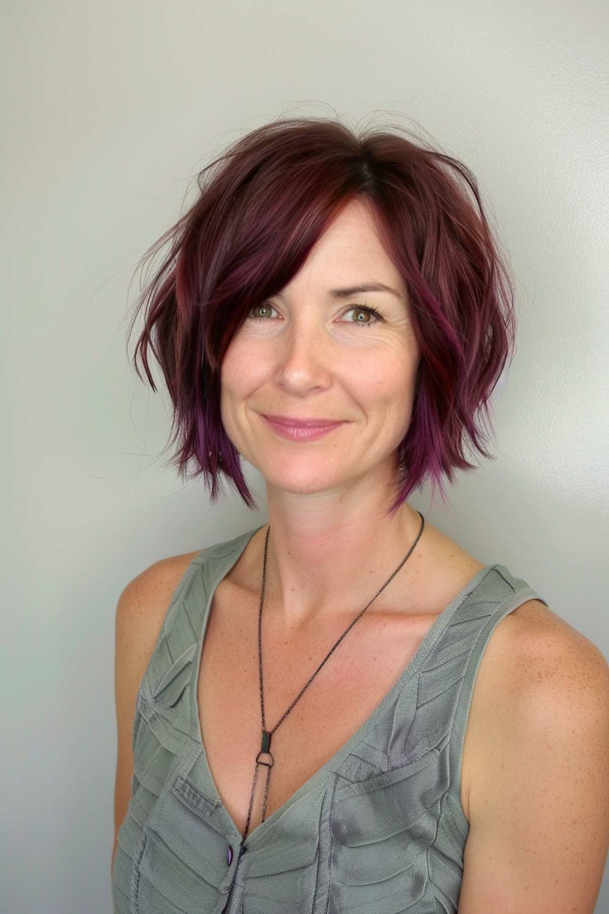 Layered bob with purple highlights for fine hair