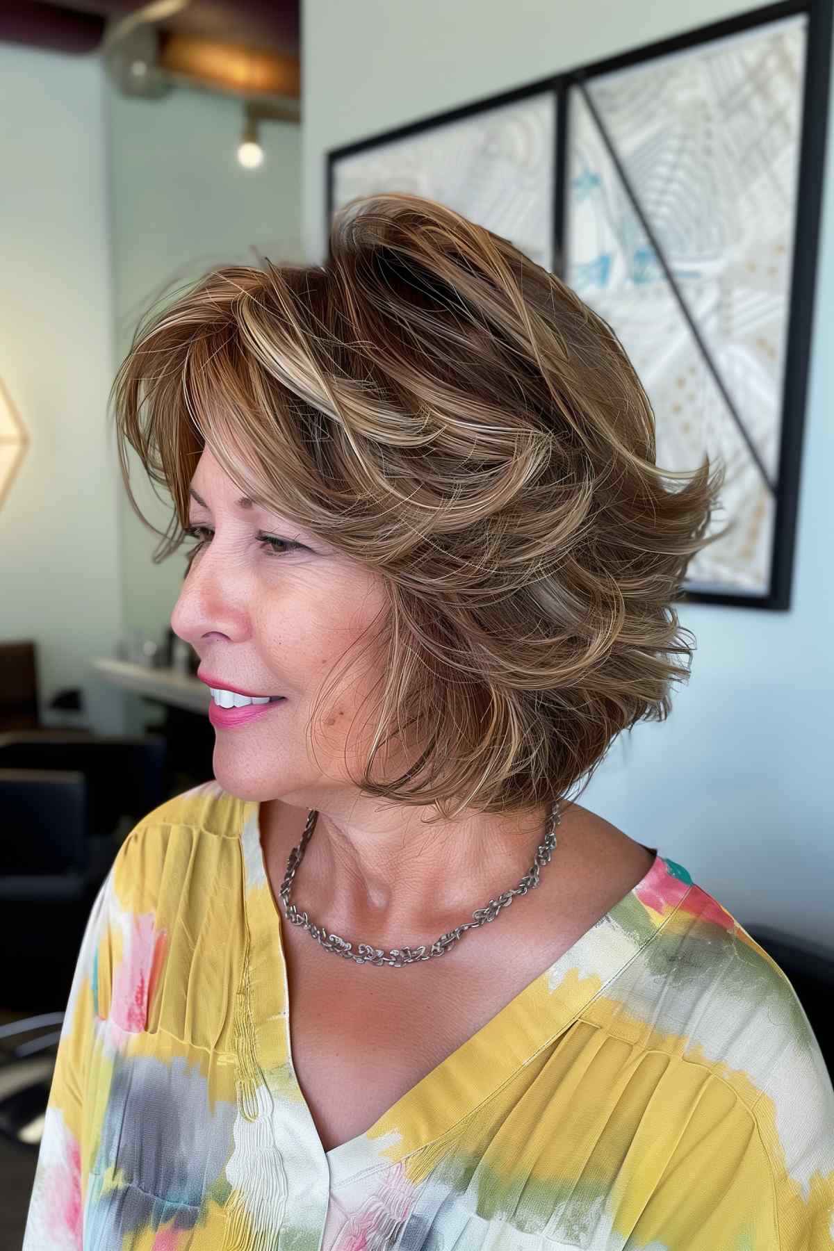 The woman rocked a layered bob with a bold flip and warm caramel highlights.