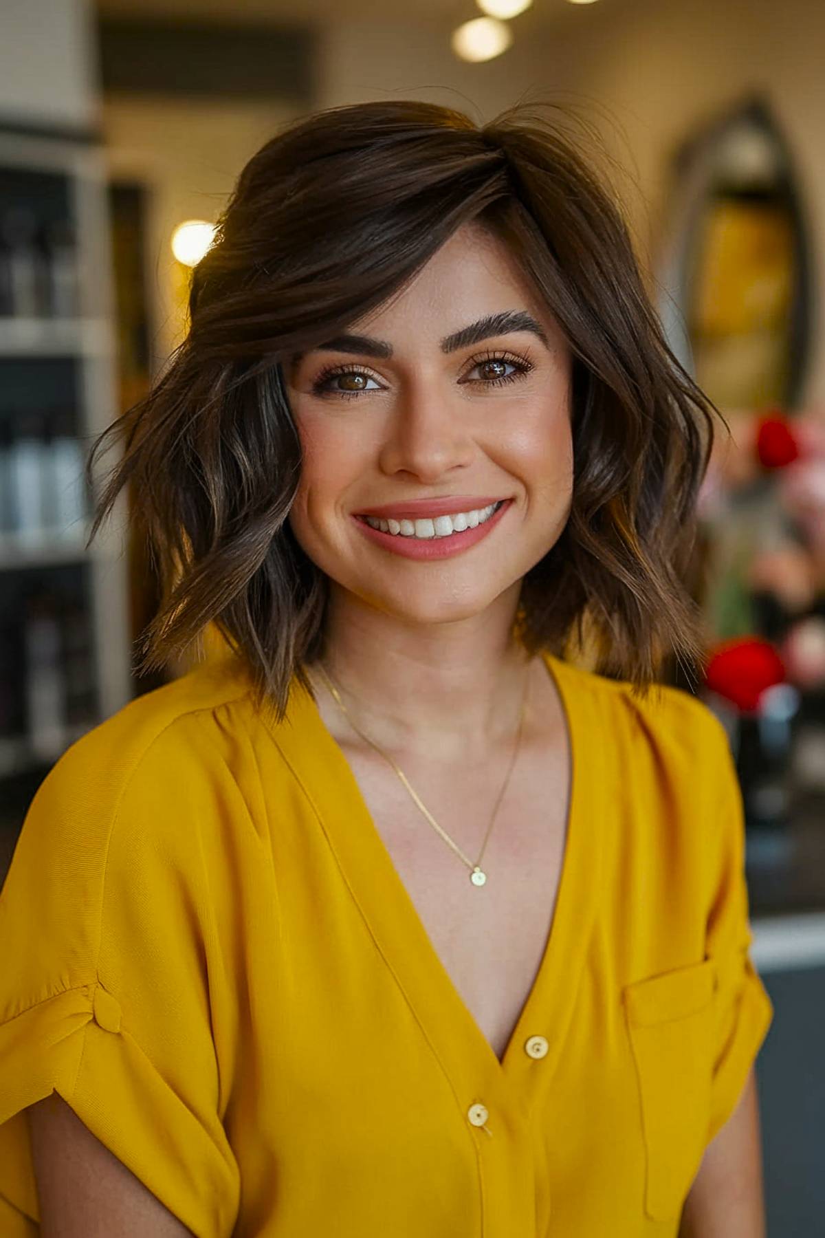 Chic layered bob for short dark brown hair with soft waves and dimension