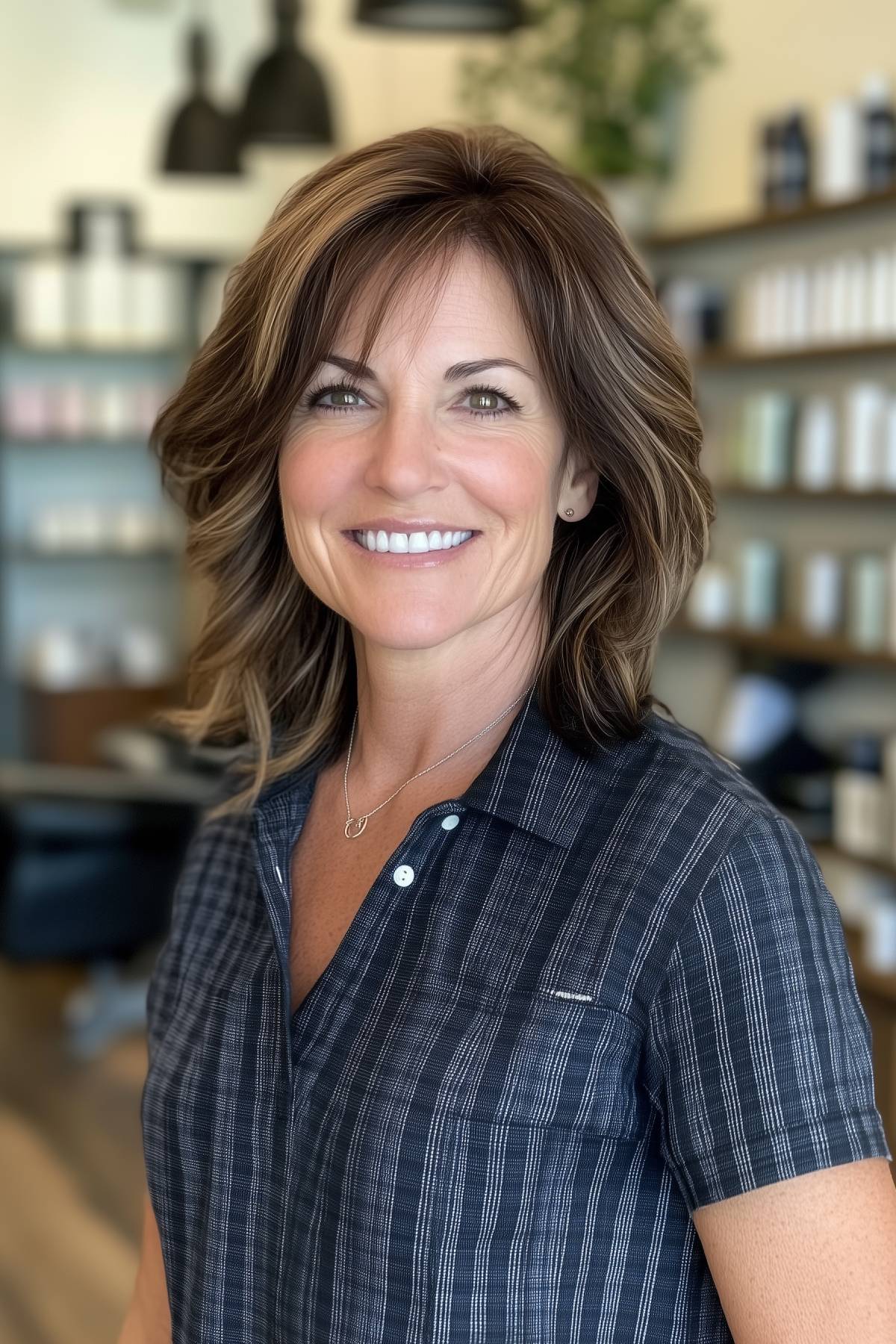 Woman over 50 with a layered lob haircut and side part, featuring subtle highlights