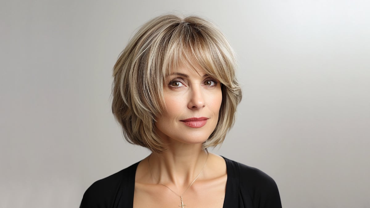 50 Best Short Hair with Bangs : Textured Chin Length Bob with Wispy Bangs