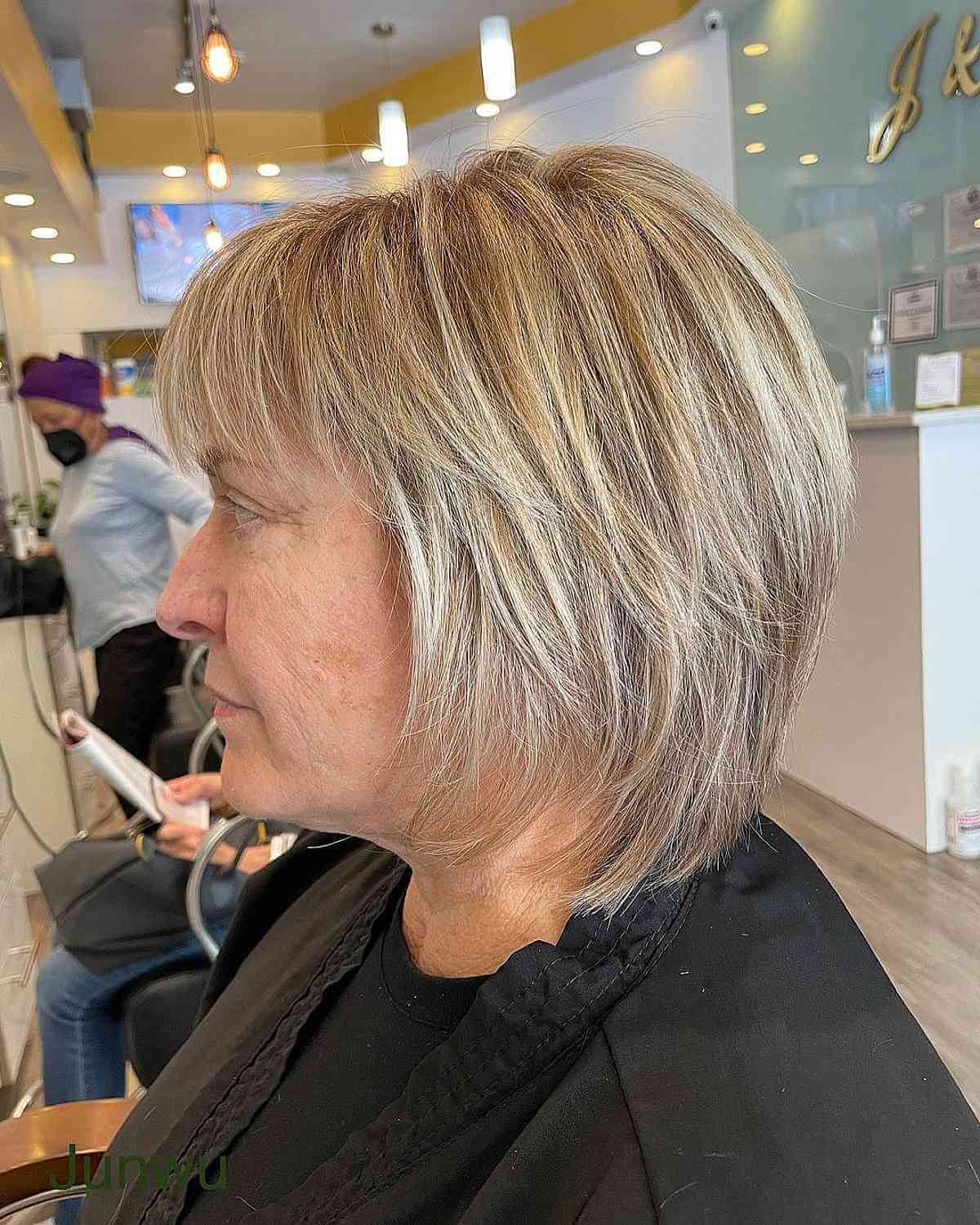 Layered Bob with Wispy Bangs for Straight Hair for 70-Year-Old Ladies
