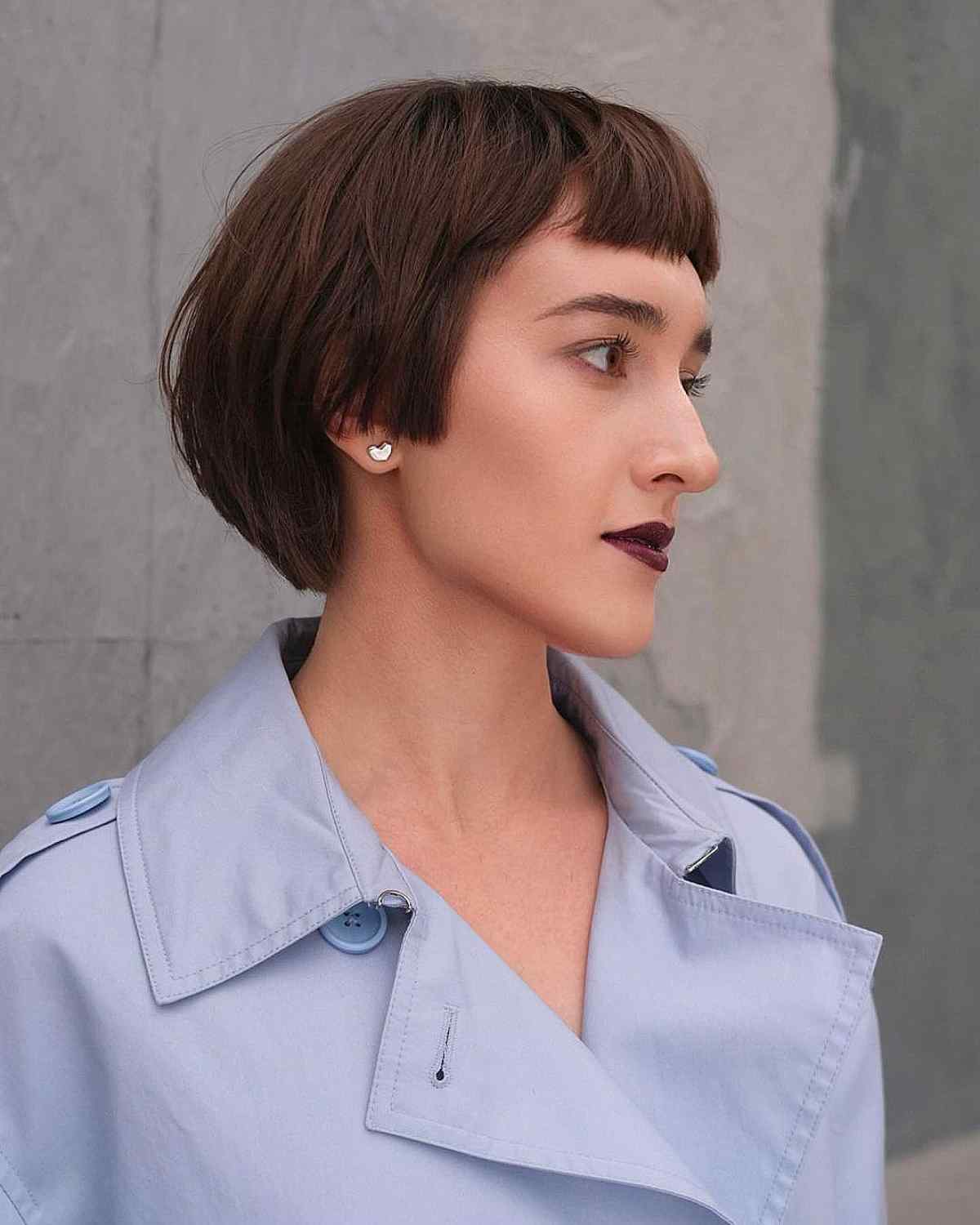 Layered Brunette Bob with Thick Micro Bangs
