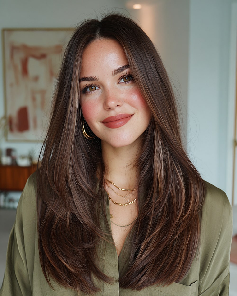 Classic long layered brunette haircut with blended ends and natural face framing