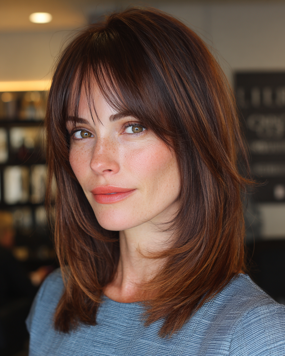 Layered chestnut haircut with wispy bangs, perfect for easy hairstyles on medium-length straight hair