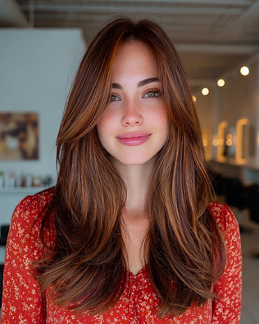 Cinnamon brown layered hairstyle for long hair with soft waves and warm highlights
