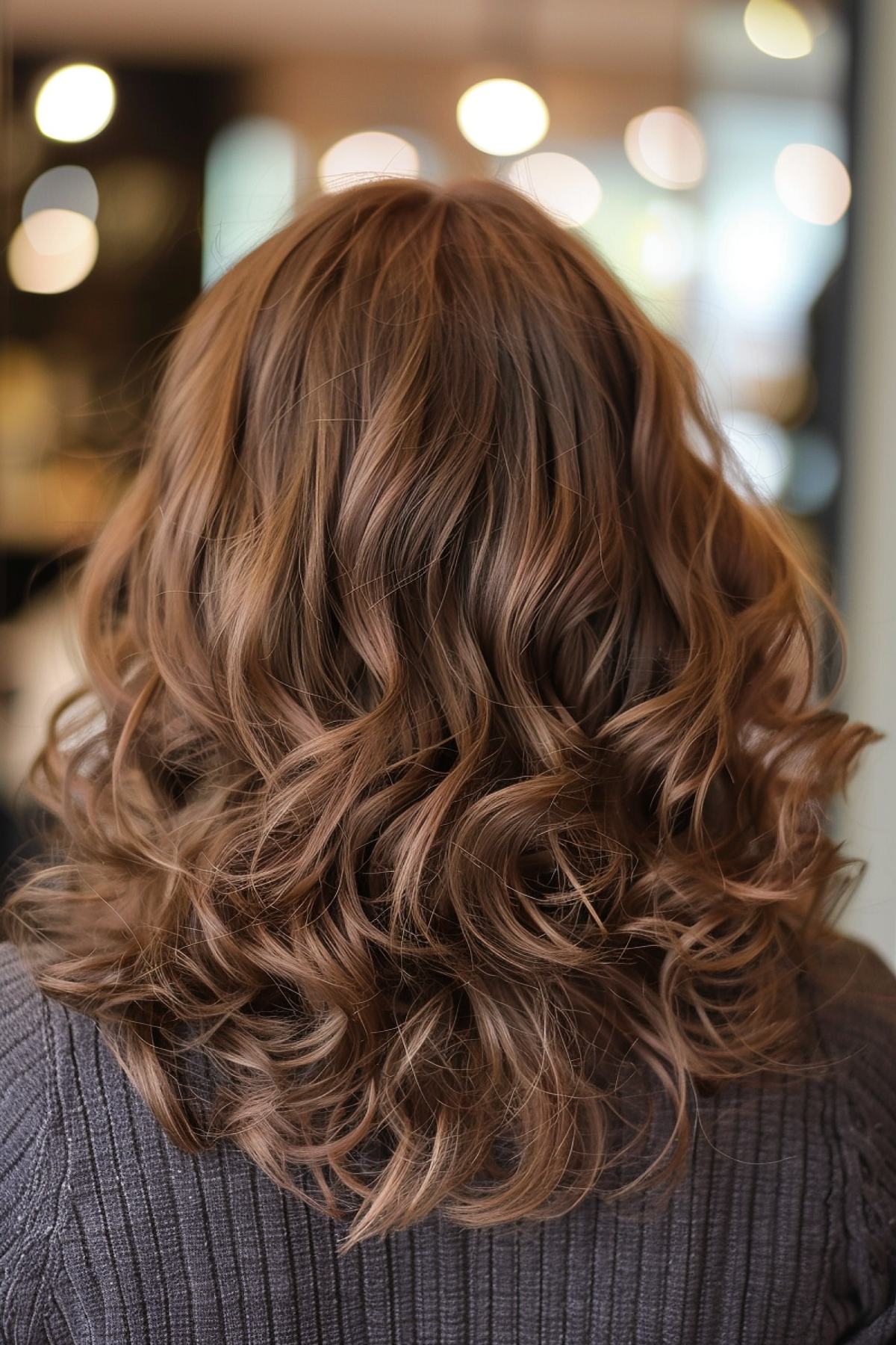 Woman with layered cinnamon swirl wavy hairstyle