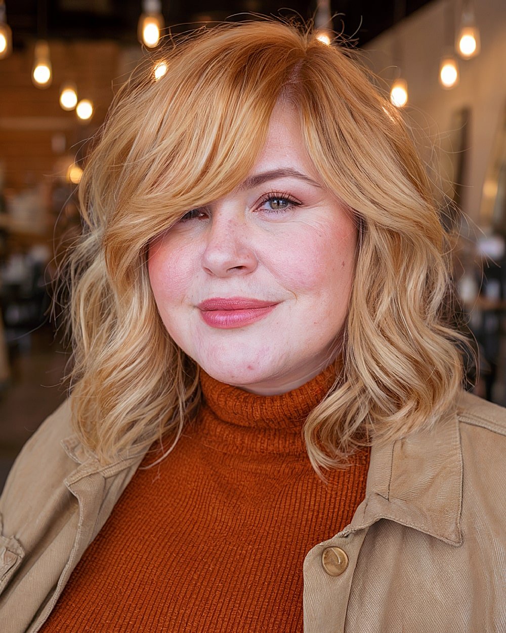 Blonde collarbone-length cut with swoop bangs and layers for round-faced women over 40