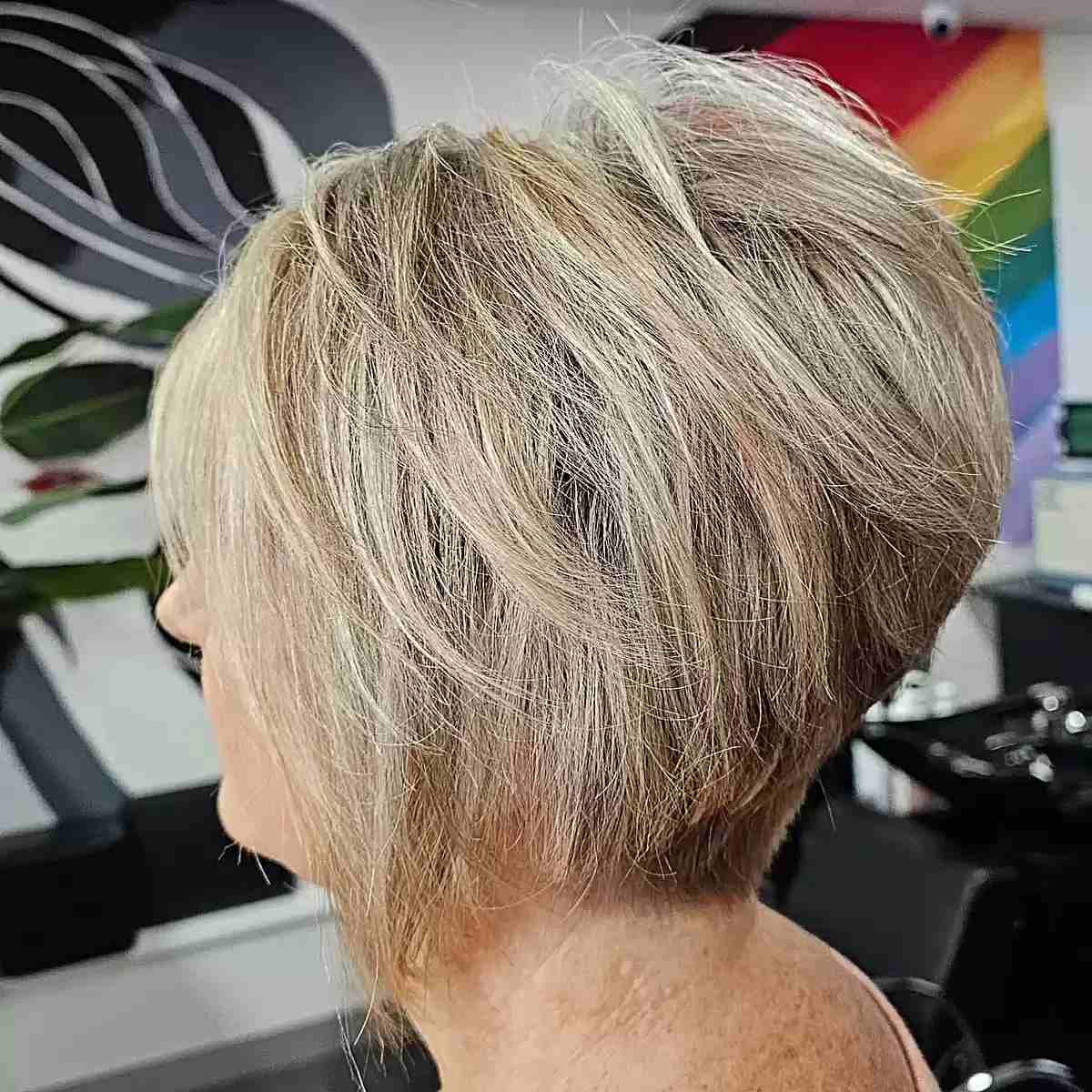 Layered Concave Bob with Blonde Highlights for Older Women Over Sixty