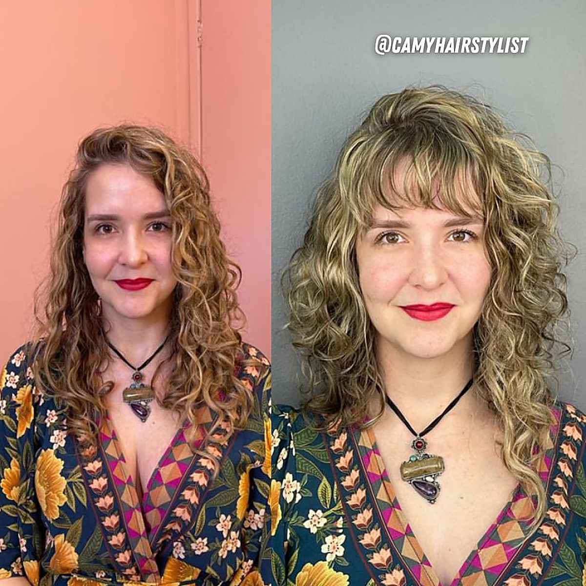 Layered Curly Hair with Wispy Bangs for a Woman Over 40 Years Old with Fine Hair