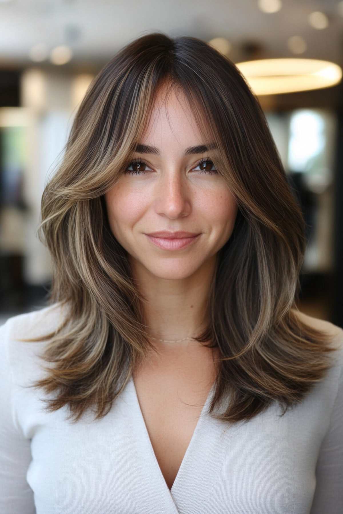 Layered haircut with flippy ends and face-framing highlights