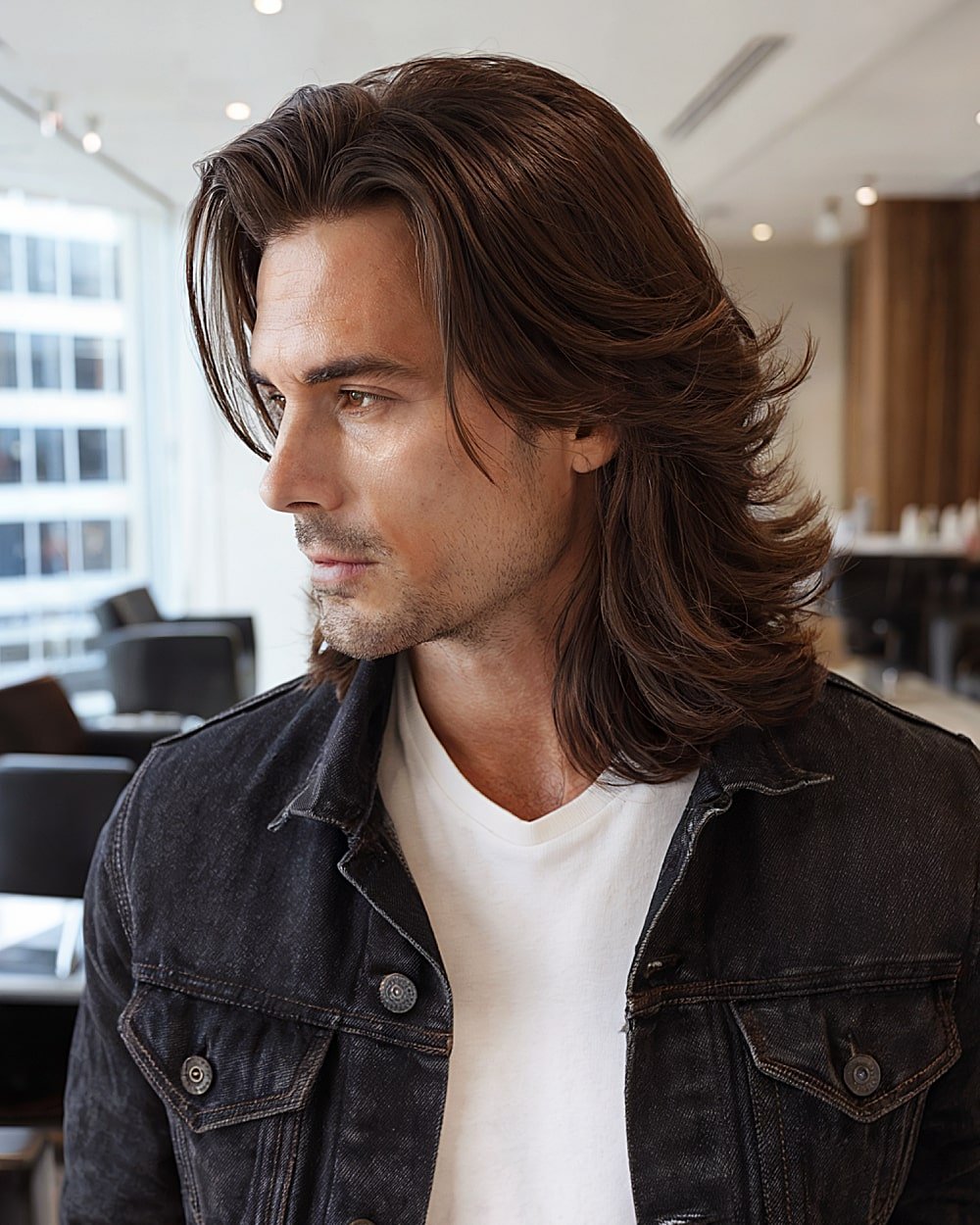 Layered long haircut for men with feathered ends and side-swept layers