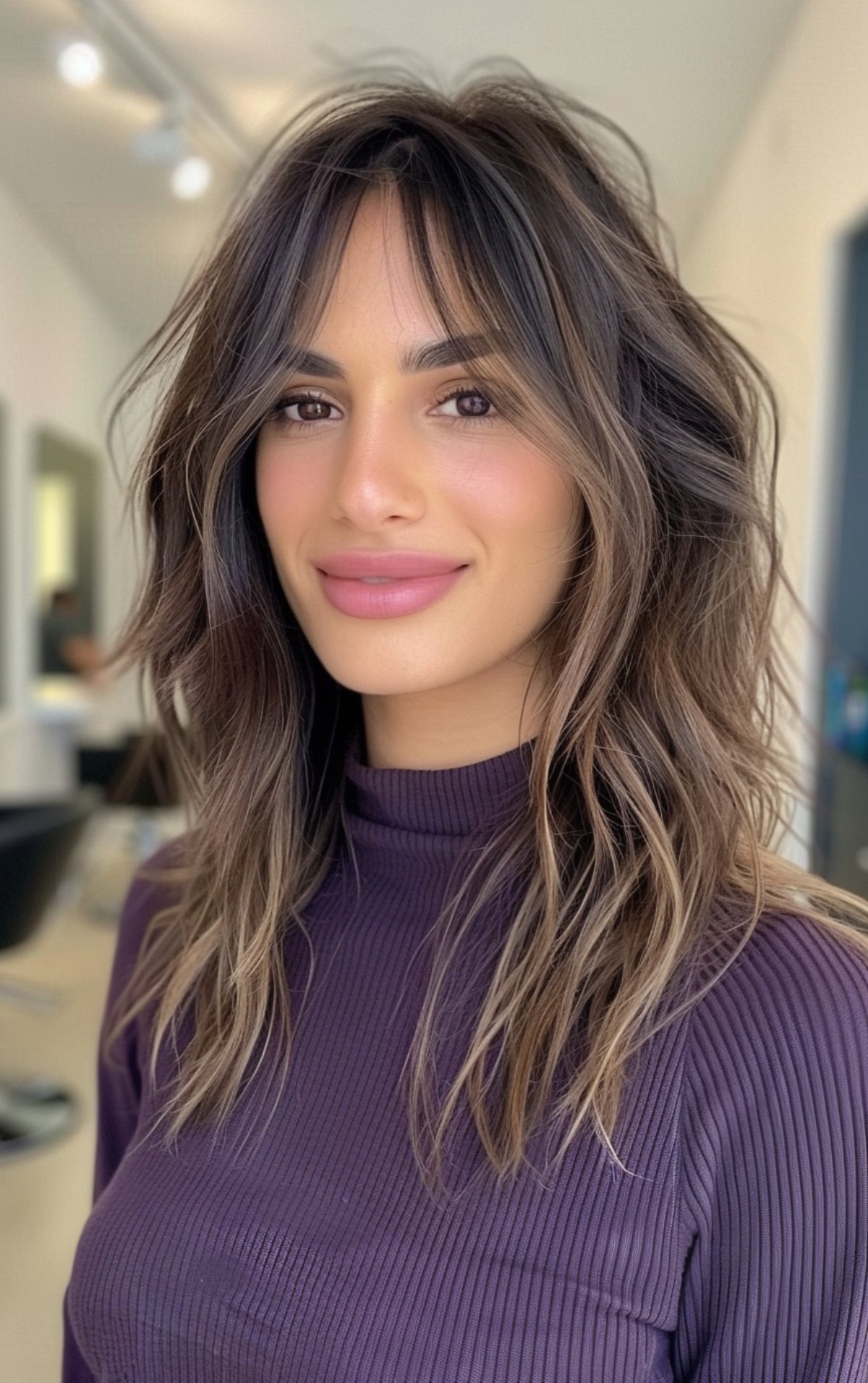 Medium-length layered haircut with curtain bangs for oval faces