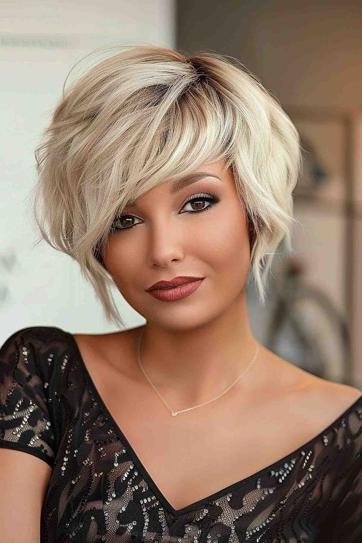 Layered elf crop hairstyle in platinum blonde, offering volume and dimension.