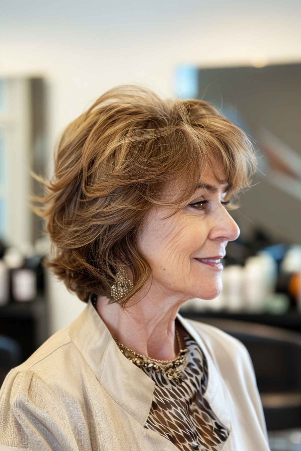 Woman with layered feathered bob, featuring soft, airy layers and subtle highlights