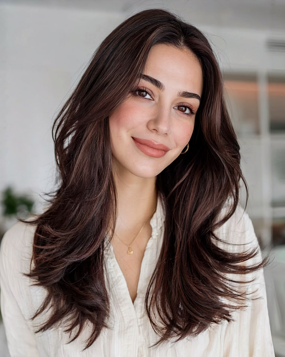 Long chocolate layered hairstyle with flicked-out ends and dimensional face framing