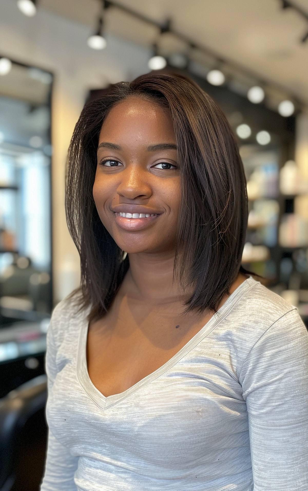 Sleek shoulder-length layered haircut for Black women with soft layers and face-framing details