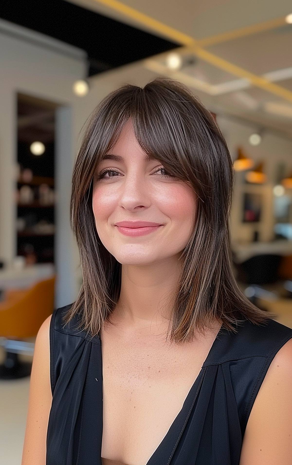 Layered medium straight shoulder-length hair with curtain bangs