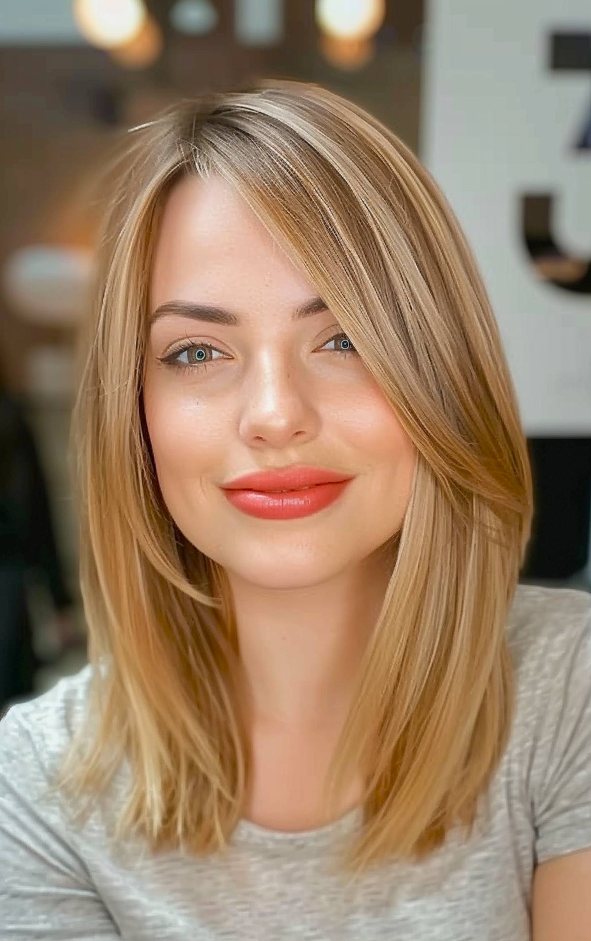 Layered hair medium straight side part with blonde highlights