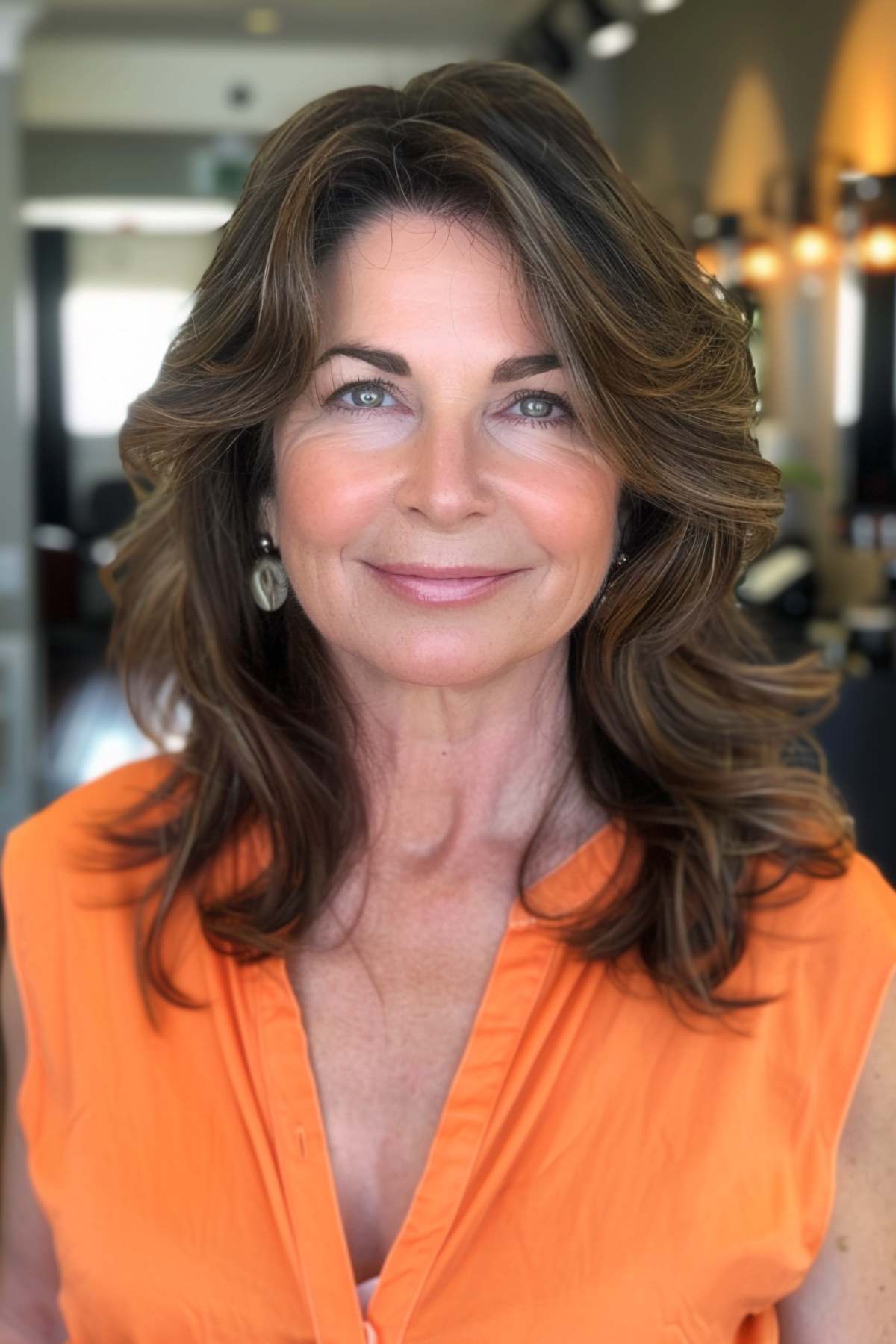 Medium-length layered haircut with soft waves and rich brunette tones on a mature woman, styled elegantly in a salon setting.