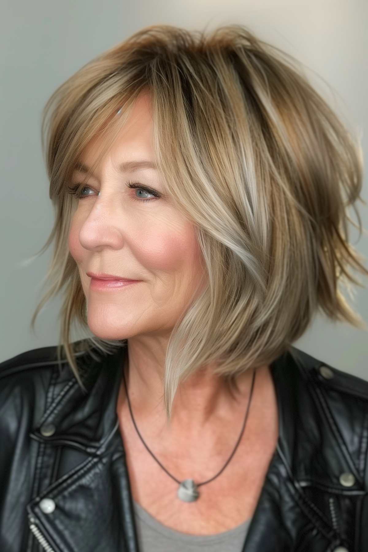 Choppy layered bob with contrasting blonde highlights on a mature woman, styled to enhance texture and volume. 