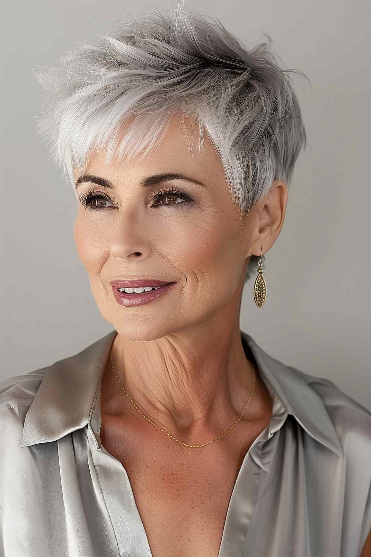Elegant short layered pixie cut on a woman over 50 with stylish silver hair.