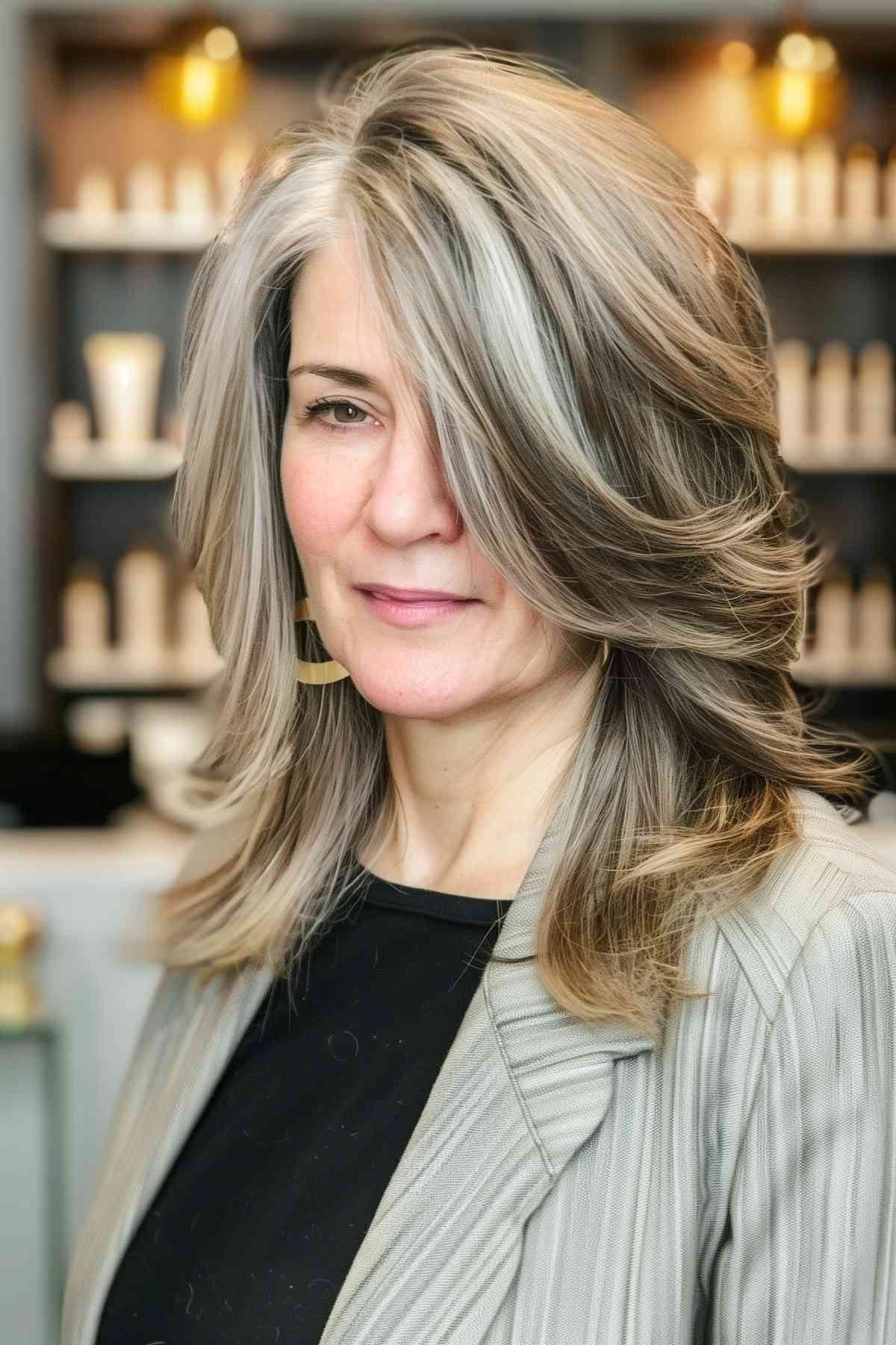 Mid-length layered haircut with a mix of blonde highlights on a woman over 50, styled to enhance volume and texture.