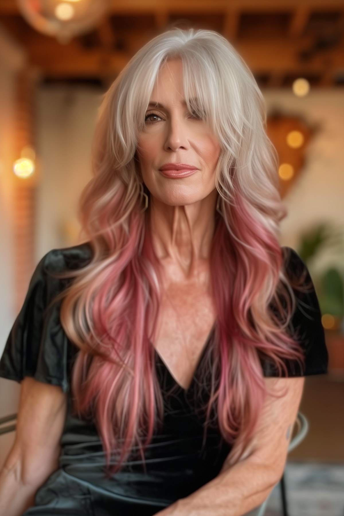 Graceful long layered hairstyle with platinum and pink highlights on an older woman, showcasing volume and a modern color twist.