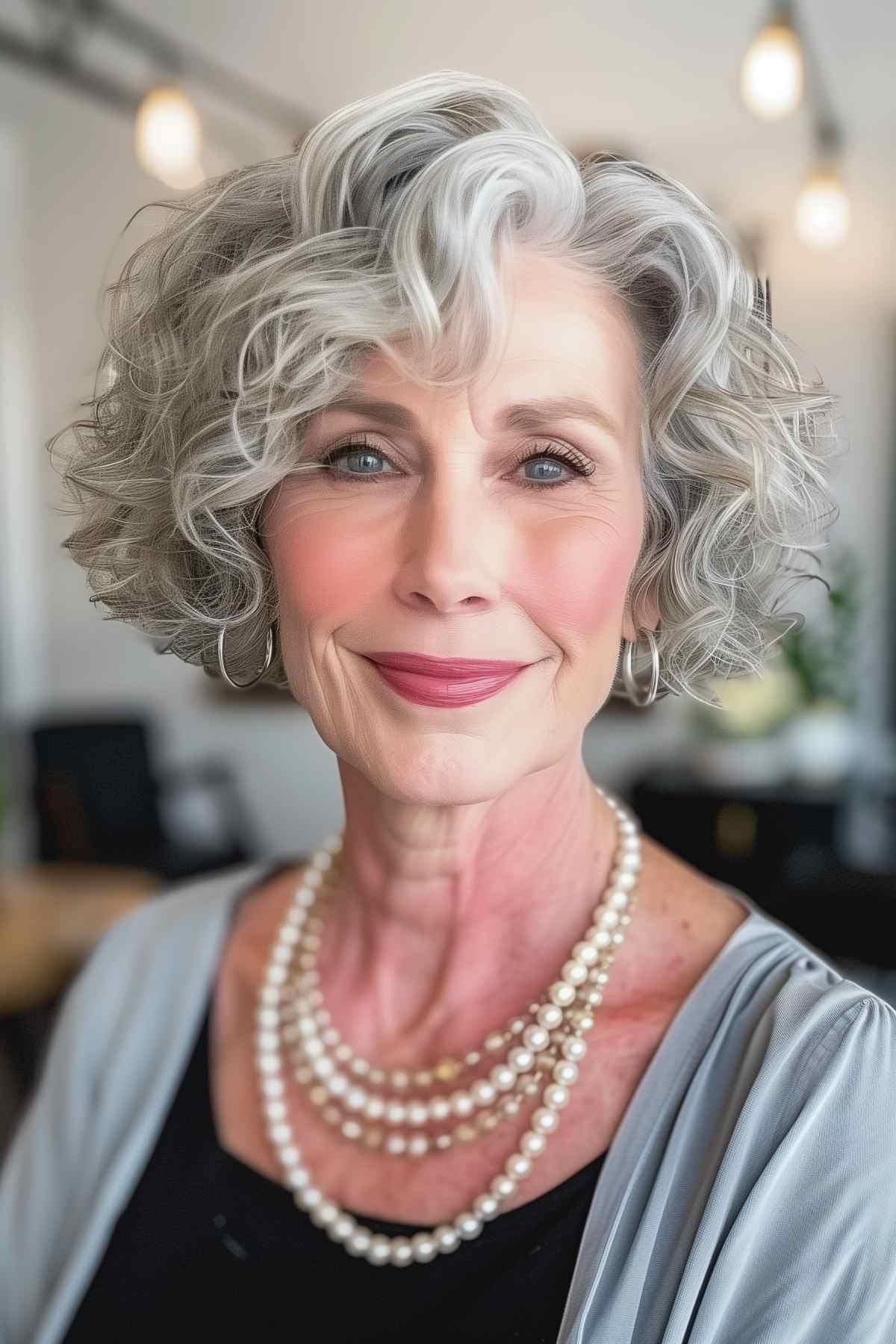 Layered bob for curly hair in silver-gray tones on a woman over 50, styled to enhance volume and natural texture.