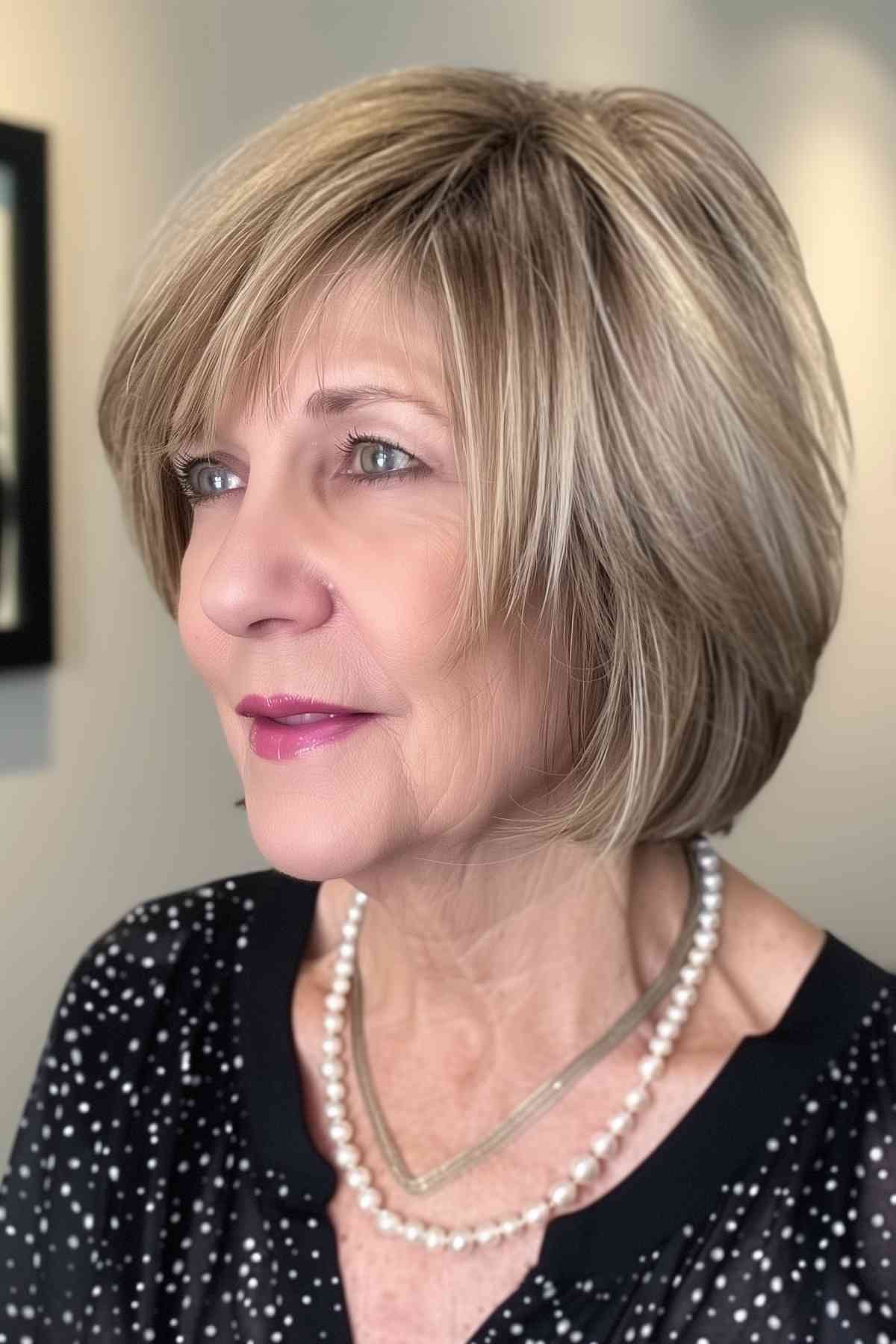 Layered chin-length bob with honey-blond highlights on a woman over 50, featuring voluminous back layers and side-swept bangs.