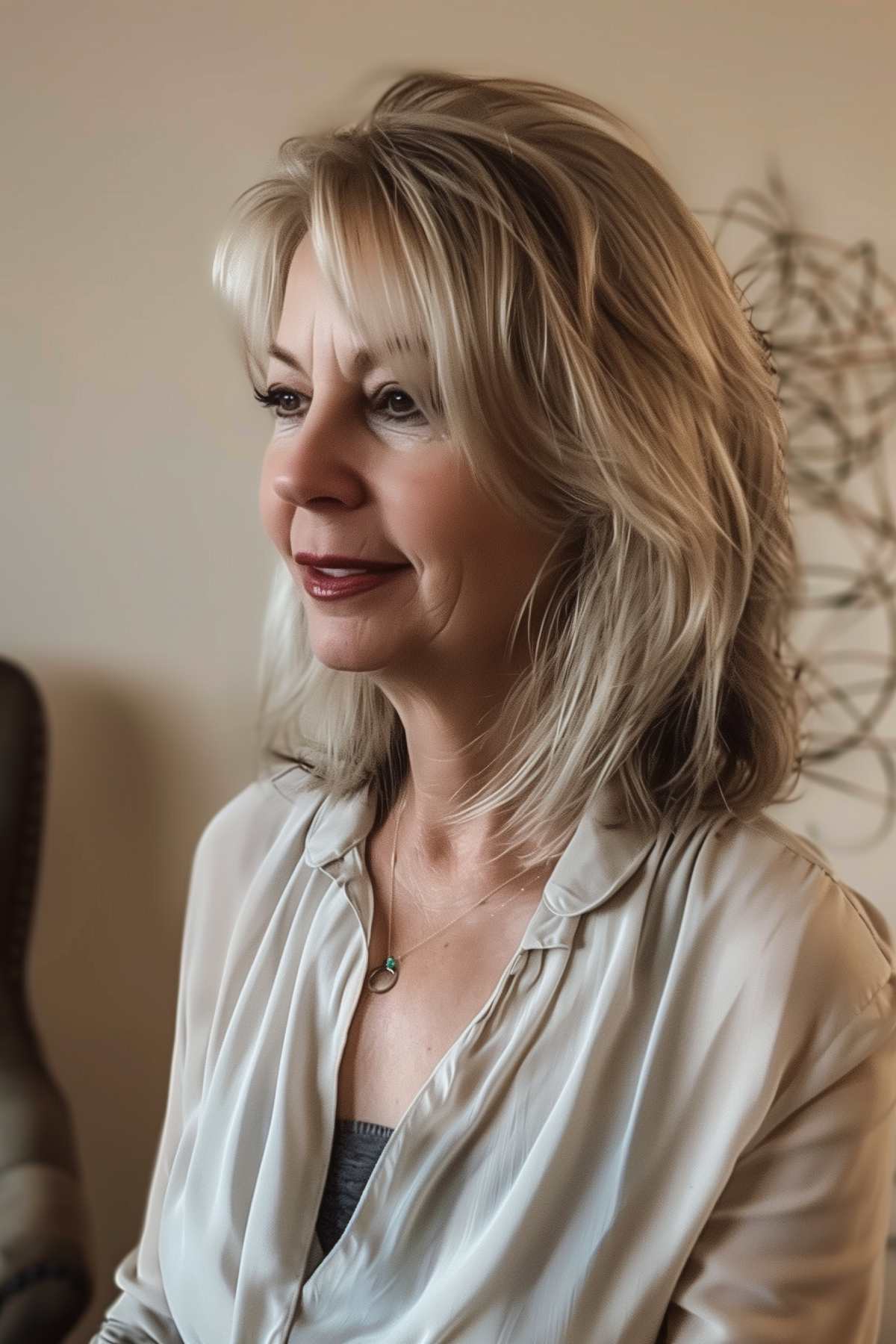 Mid-length layered haircut in light blonde with subtle darker roots, styled to add volume to fine hair on a woman over 50.
