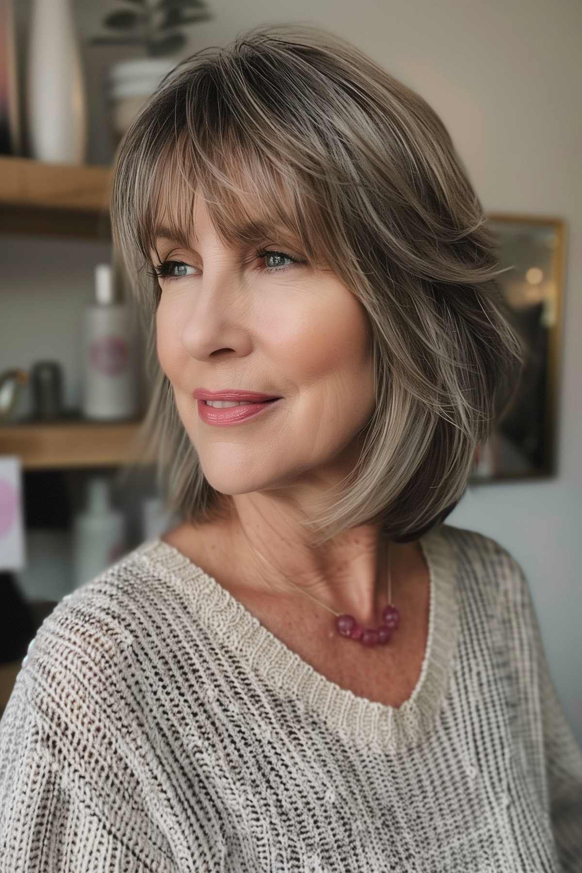 Layered shoulder-length haircut with blended bangs on a woman over 50, featuring a mix of gray tones to enhance natural beauty.