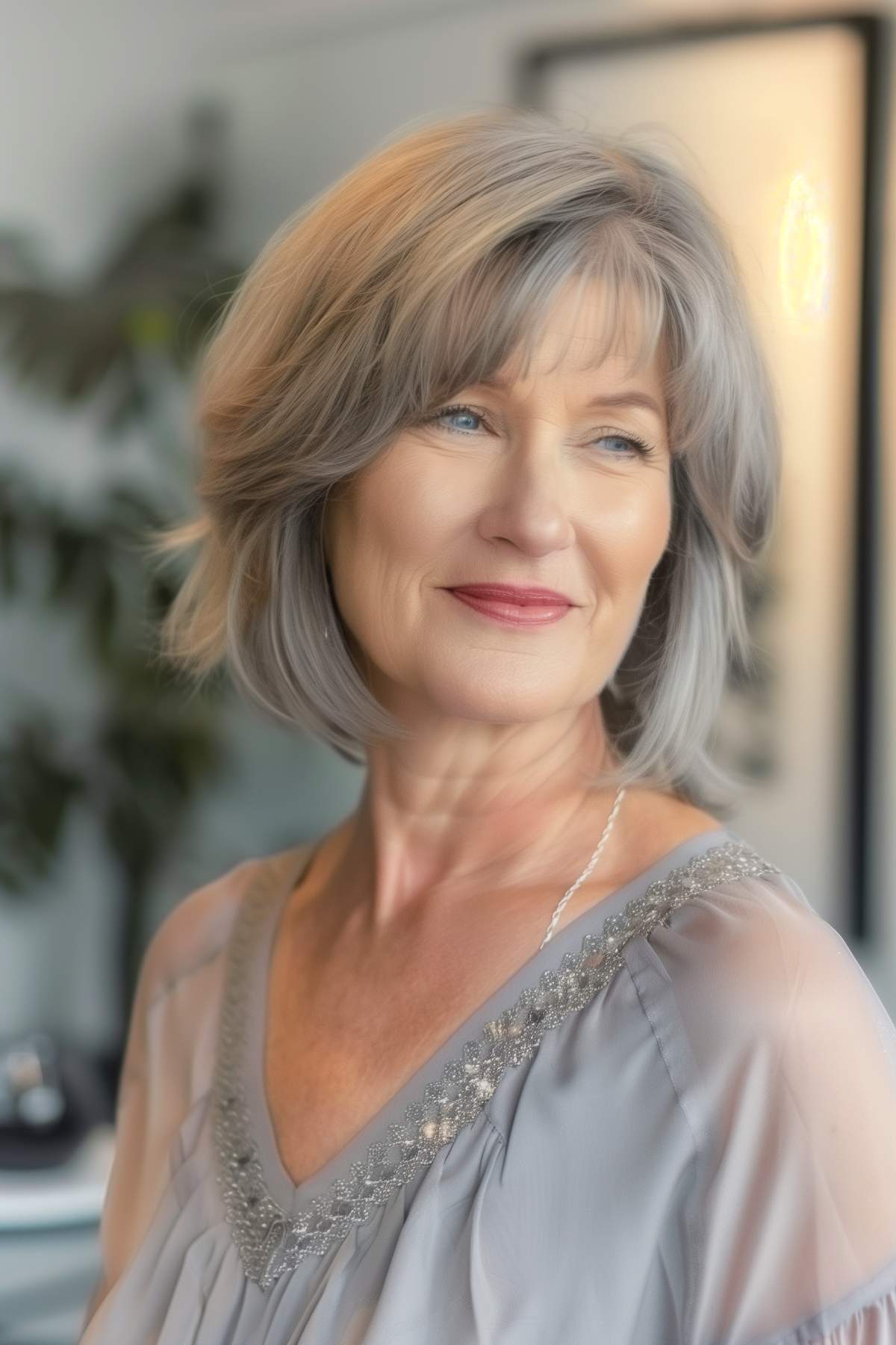 Low-maintenance layered haircut on a woman over 50, featuring a natural gray and brown color blend with soft framing layers.