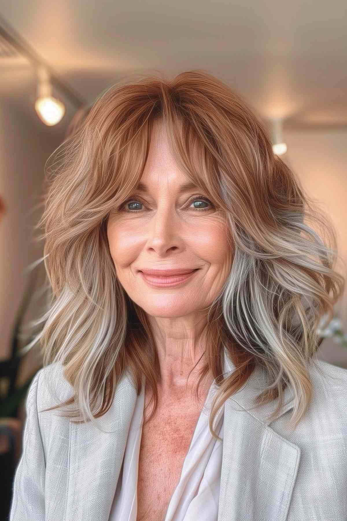 Layered medium-length hairstyle with natural waves and a mix of caramel and ash blonde highlights on a woman over 50, styled to enhance volume and texture.