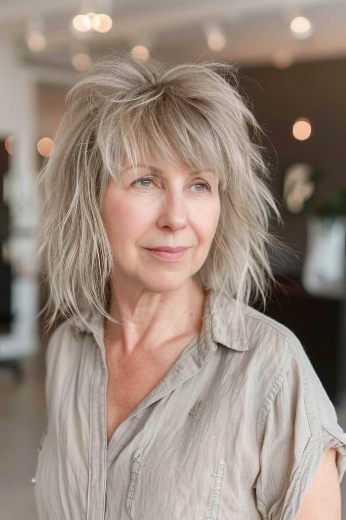 Modern shaggy layered haircut with ash blonde highlights on an older woman, featuring a light feathered fringe and natural tousled look.