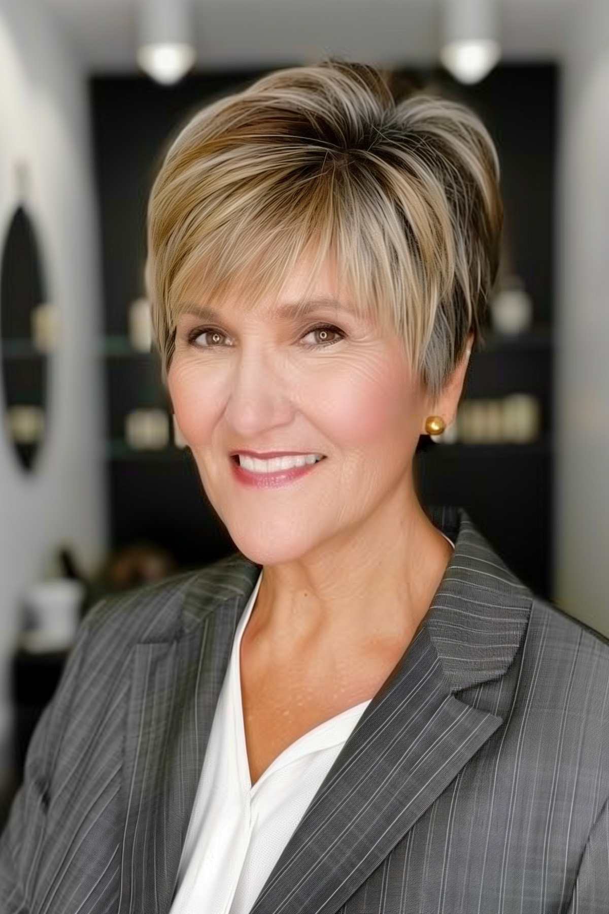 Short layered hairstyle with natural brown and blonde highlights on a woman over 50, styled to enhance volume and texture.
