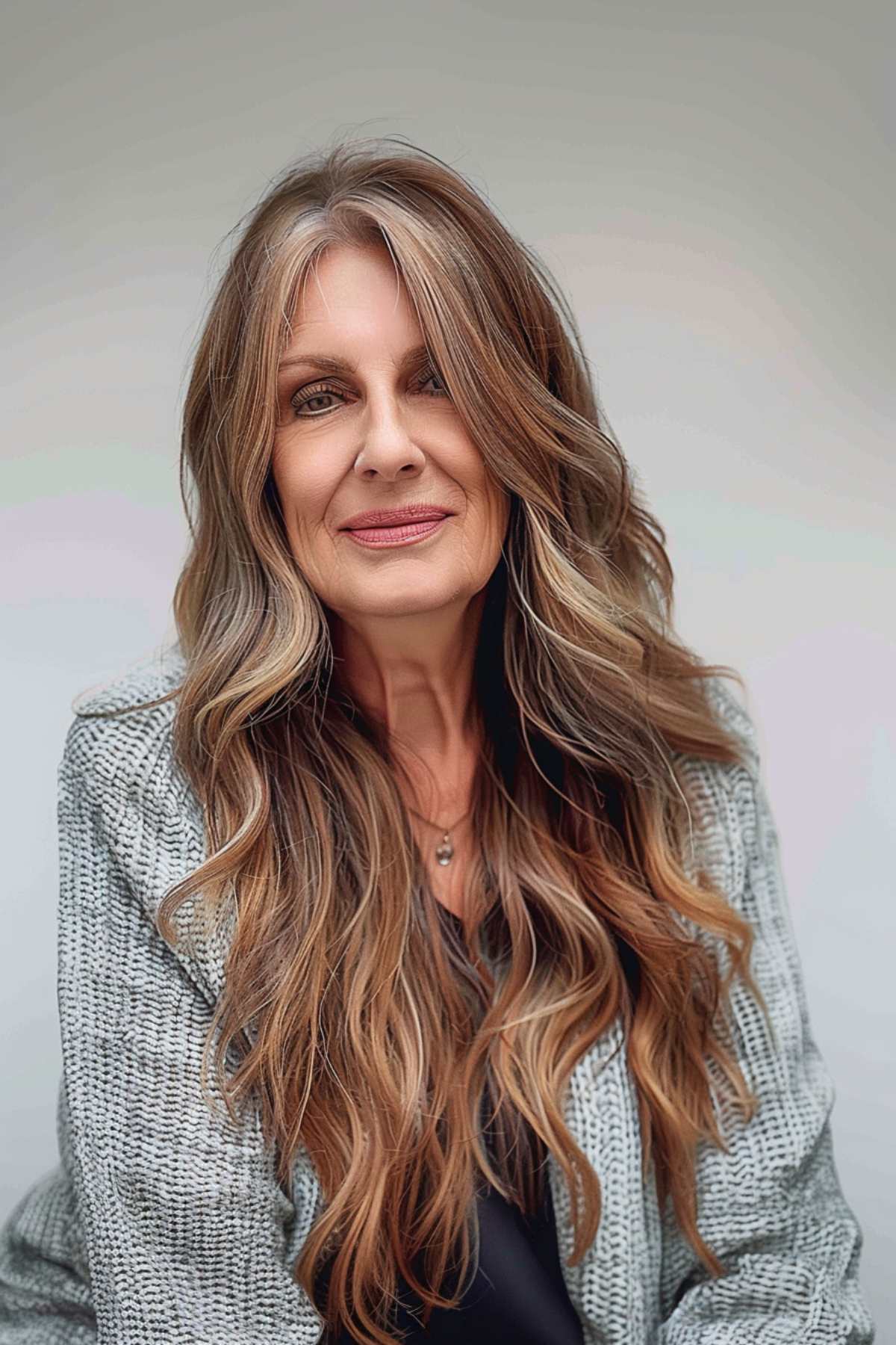 Sophisticated long layered haircut with balayage highlights on a woman over 50, showcasing voluminous wavy hair in a stylish ensemble.