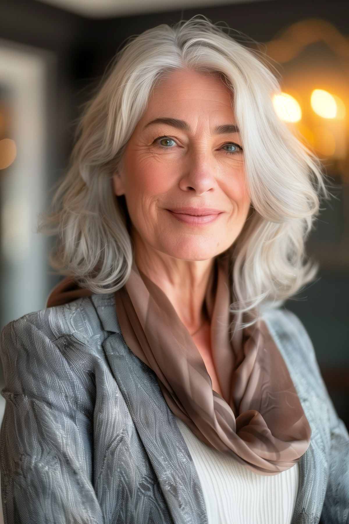 Sophisticated shoulder-length layered haircut with natural silver coloring on a woman over 50, styled to enhance facial features and provide volume.