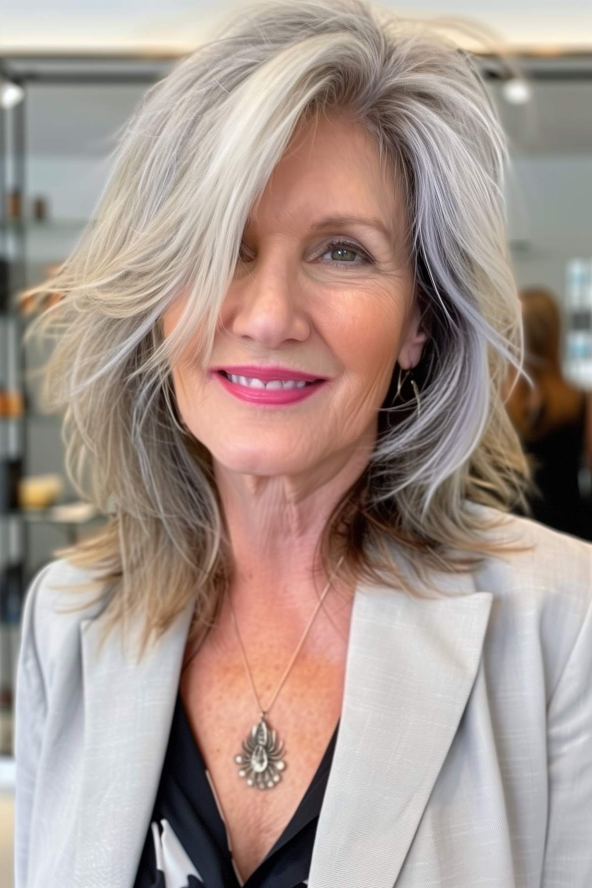 Stylish layered haircut with ash and platinum highlights on a woman over 50, designed to lighten and manage thick hair while maintaining volume.