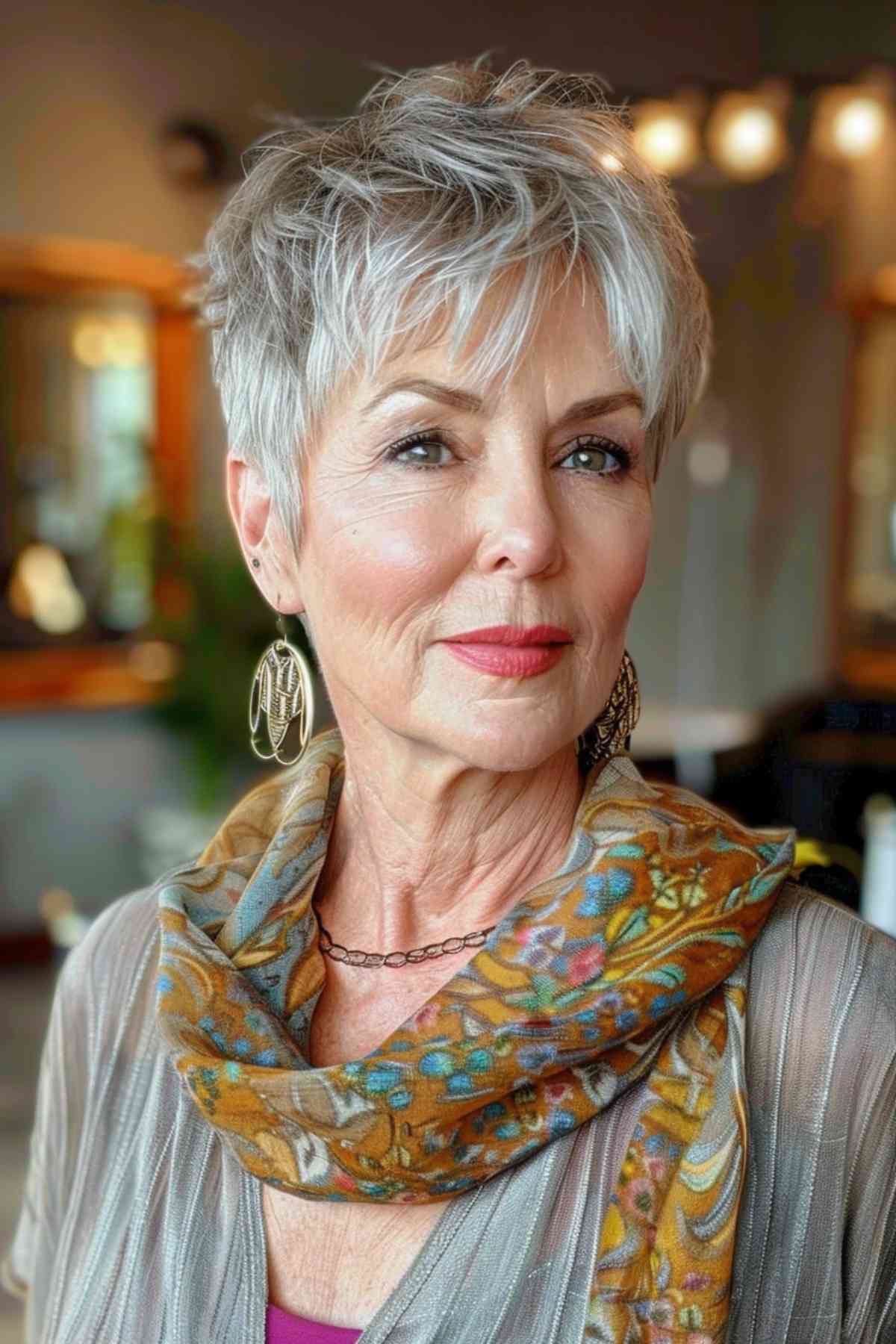 Textured pixie cut on a woman over 50, featuring silver hair styled to enhance natural volume and facial features.