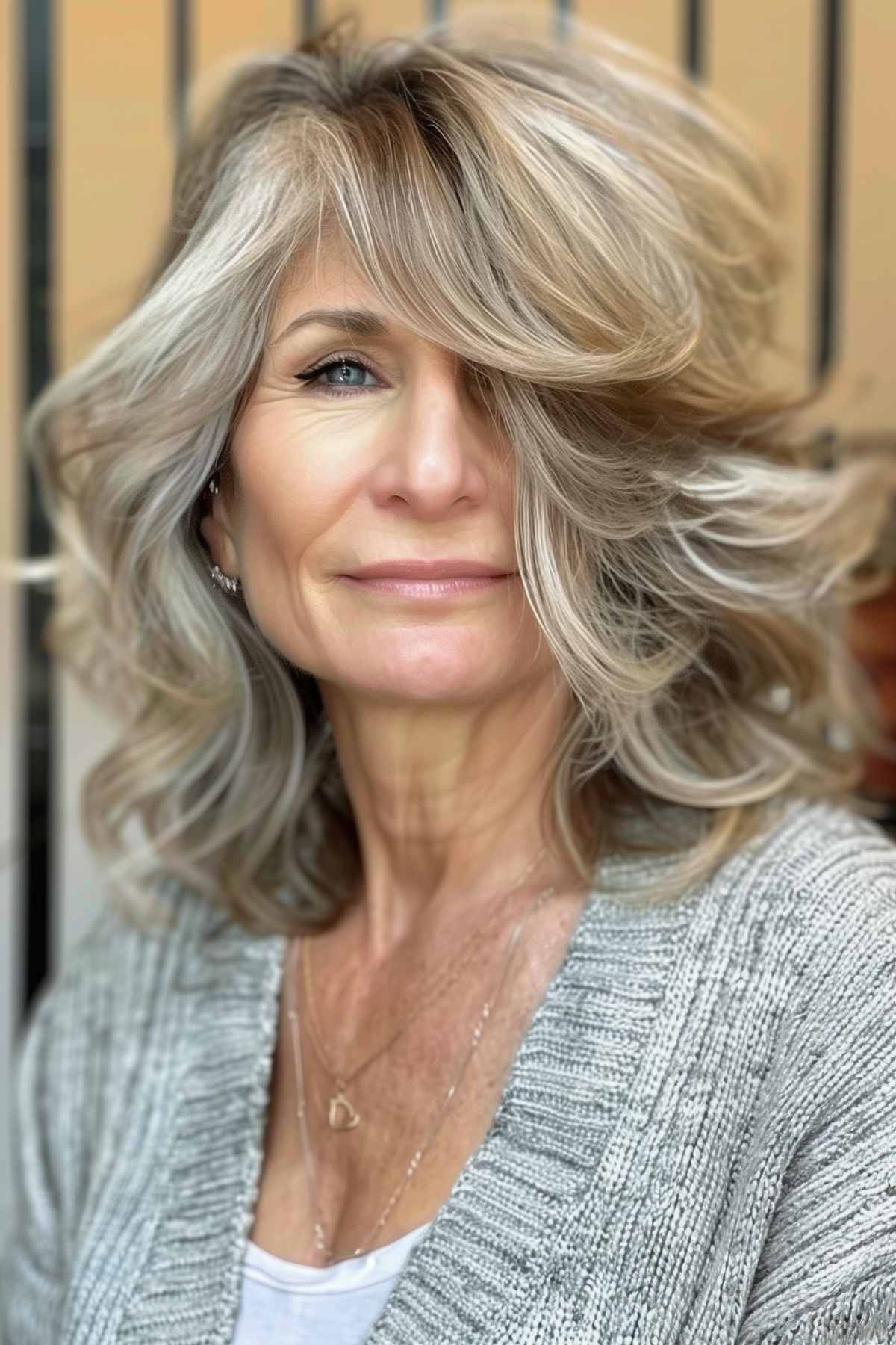 Timeless layered haircut with natural waves and ash blonde highlights on a woman over 50, styled for volume and elegance.
