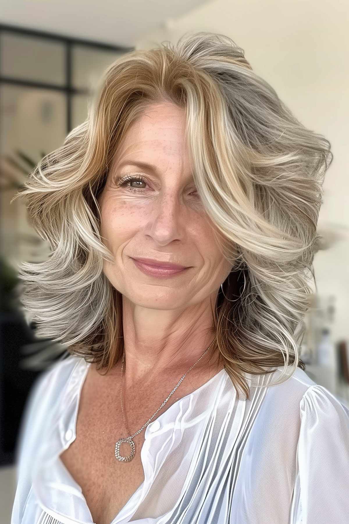 Wavy layered haircut with ash blonde highlights on a mature woman, styled to add volume and movement.