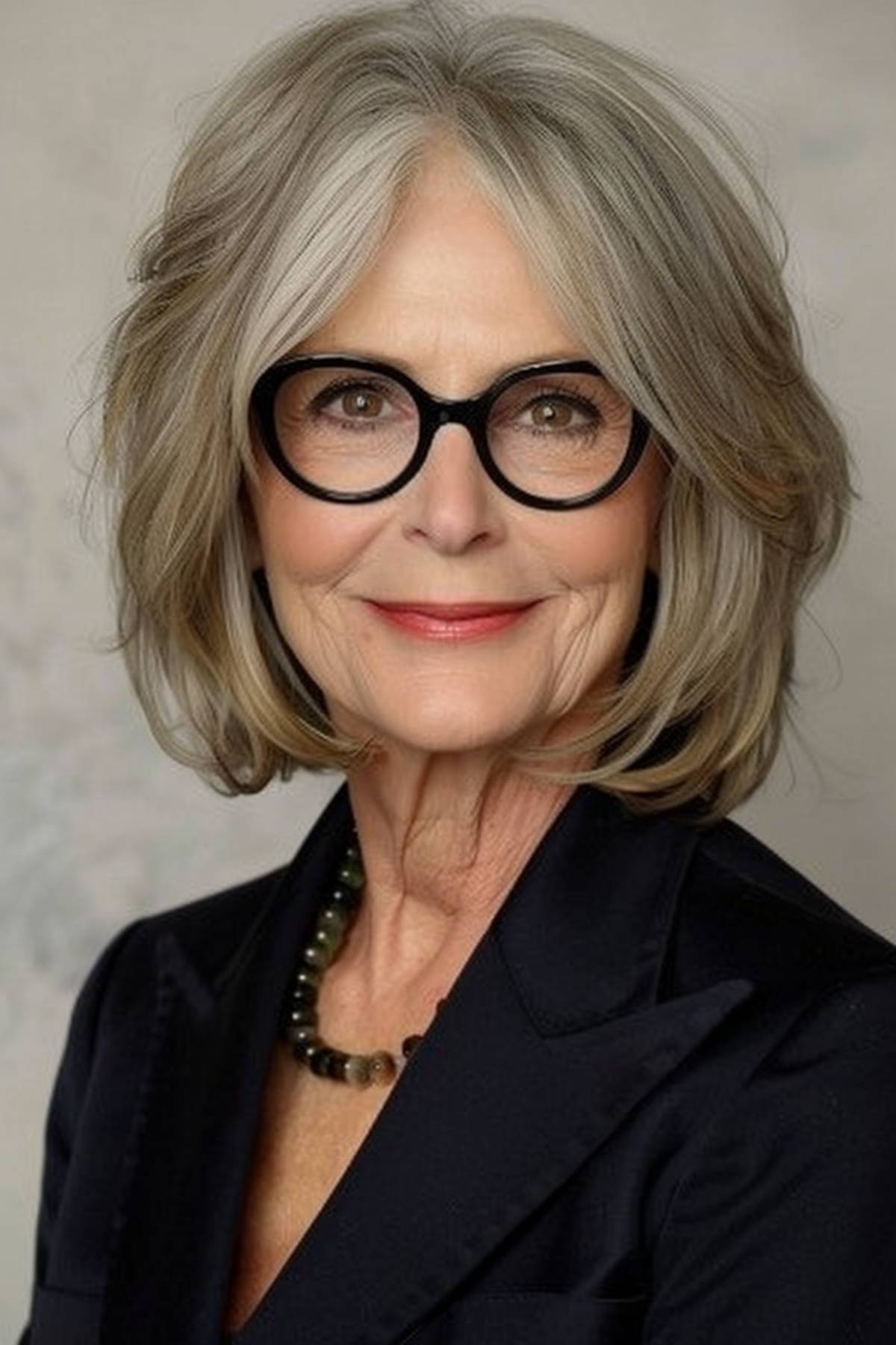 Elegant layered shoulder-length haircut on a woman over 50 with silver-gray hair, perfectly matching her stylish glasses. 