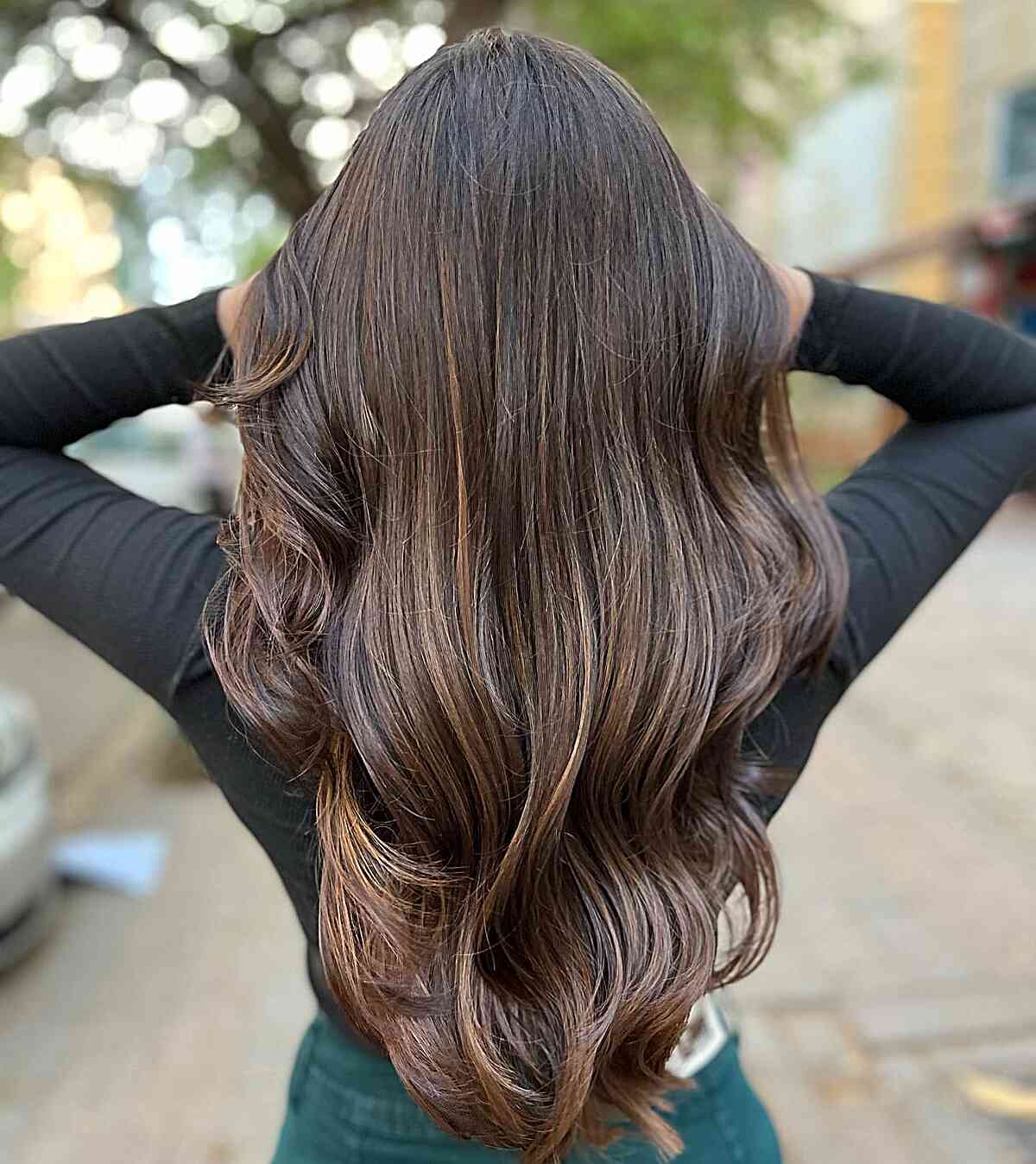 Long V-Shape Layered Hazelnut Chocolate Brown Balayage Hair