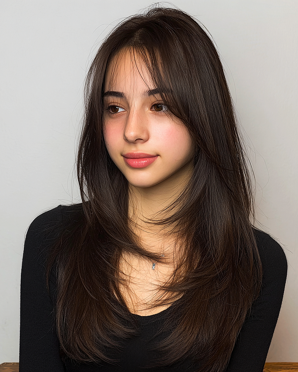 Layered hush cut with long feathered layers and wispy fringe on straight dark brown hair